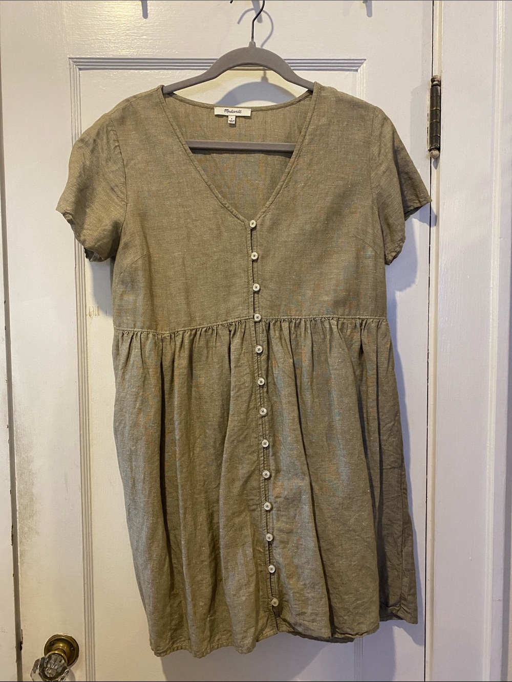 Madewell Tan Green Button-Front Short Sleeve Dress